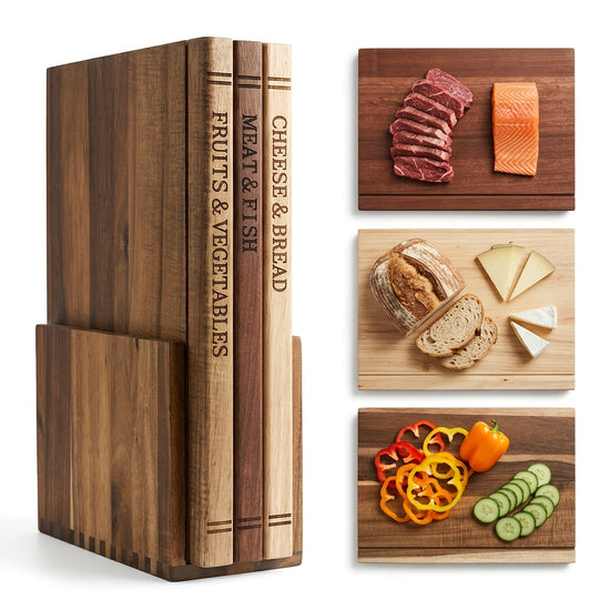 Tbuas de Corte de Madeira para Cozinha Conjunto de 3 Tbuas de Corte de Madeira de Accia com Suporte Tbua de Corte com Aspeto de Livros para Legumes Queijo Po  Carne Conjunto de Presente de Tbua de Corte Decorativa