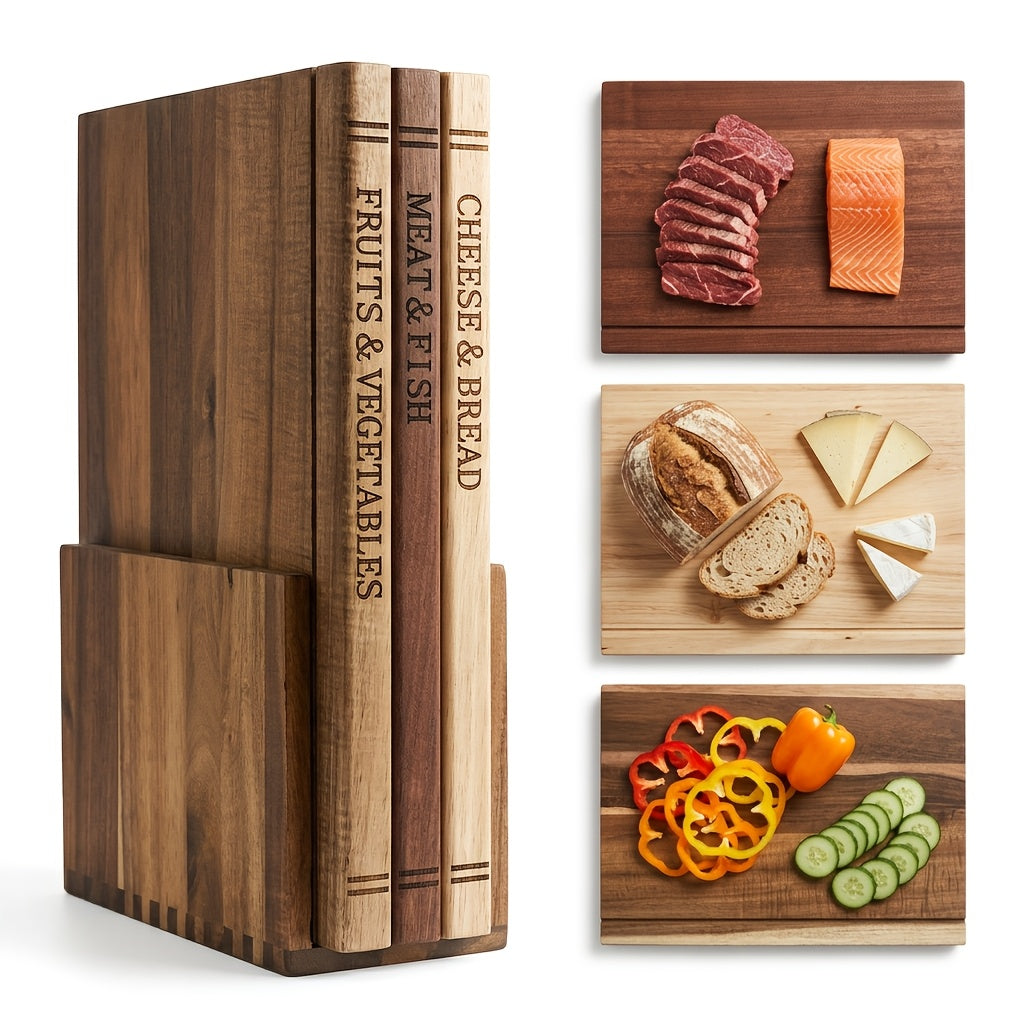 Tbuas de Corte de Madeira para Cozinha Conjunto de 3 Tbuas de Corte de Madeira de Accia com Suporte Tbua de Corte com Aspeto de Livros para Legumes Queijo Po  Carne Conjunto de Presente de Tbua de Corte Decorativa